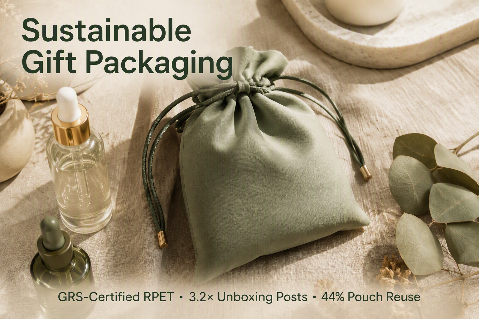 A Clean-Beauty Brand Replaced Tissue and Ribbon with GRS-Certified RPET Pouches — and Lifted Unboxing Content 3.2x