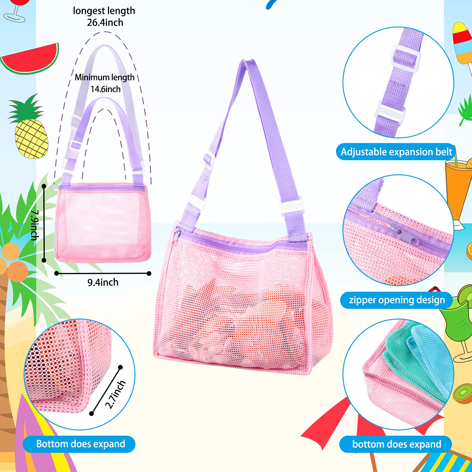 Custom Color Swimming Storage Mesh Bag Beach Toys Mesh Shoulder Bags with Zipper details
