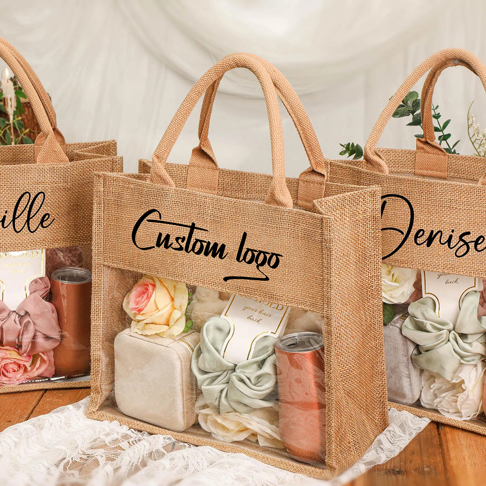 Wholesale Custom Printed Logo Portable Wedding Gift Tote Bags Hessian Linen Jute with Cotton Rope Handle and Transparent Window