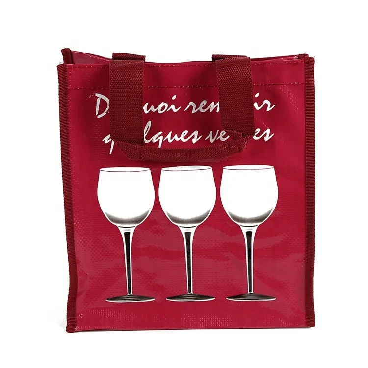 Unique Design Custom Bopp Laminated Custom Logo Printing Wine Tote Bag PP Woven Bag With Compartment