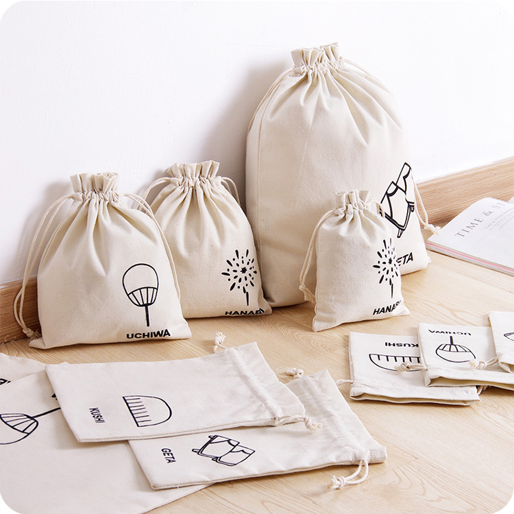 Custom Logo Small White Organic Canvas Bags Drawstring Cotton Bag