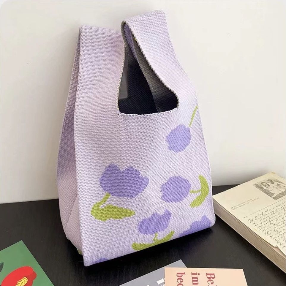 product small folding style multi use shopping tote bag custom cartoon patterns knitted fabric bag-7