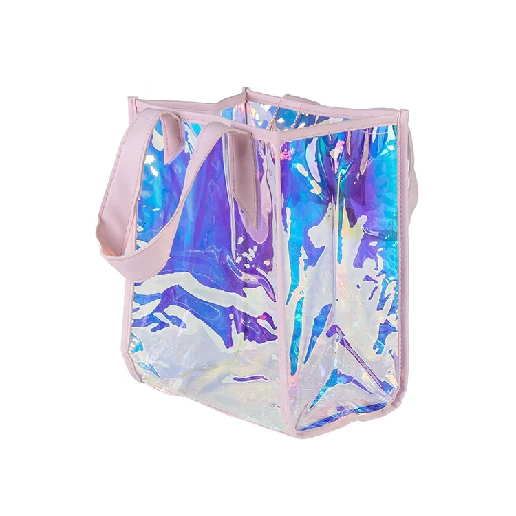 Personalized Transparent PVC Cosmetic Bag Holographic Woman Tote Shopping Bags