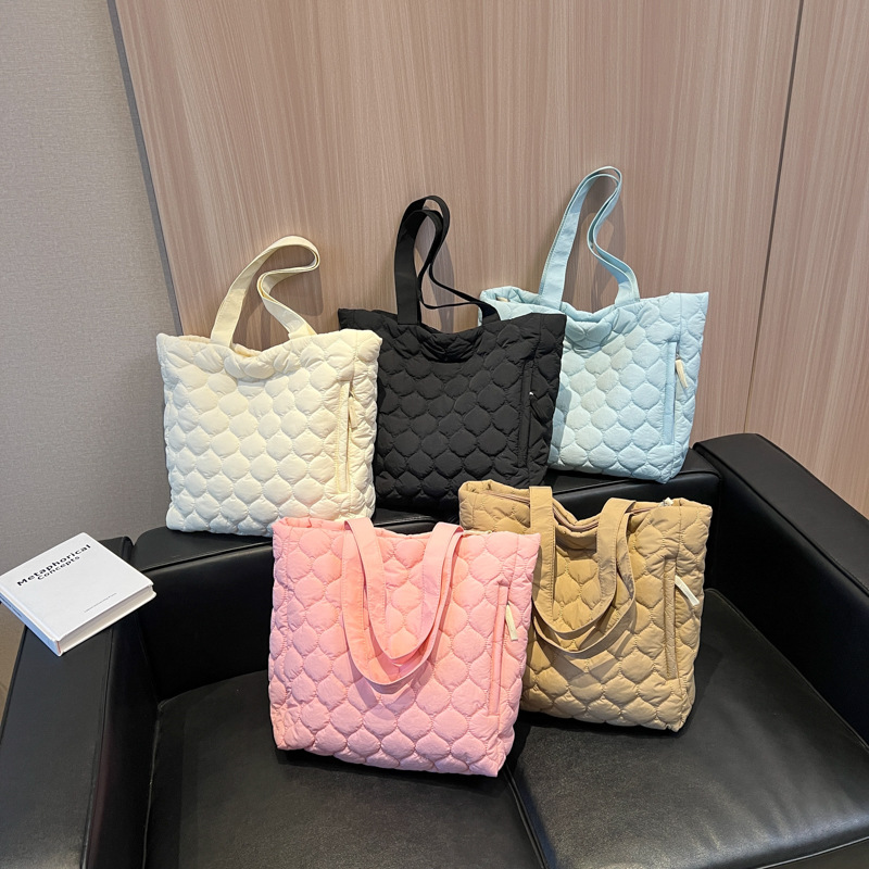 Women's Lightweight Quilted Puffer Tote Bag Cotton Padded Shoulder Handbag with Two Handles Open Closure