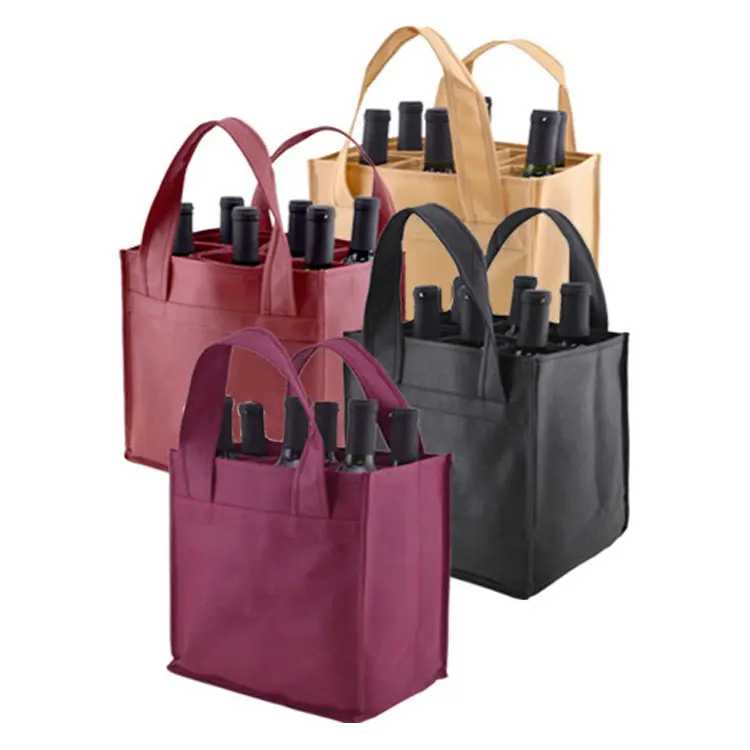 Wholesale Bulk Custom Printed Eco-friendly 100% Recycled Non Woven Fabric Durable Shopping Packaging 6-Bottle Wine Tote Letter details