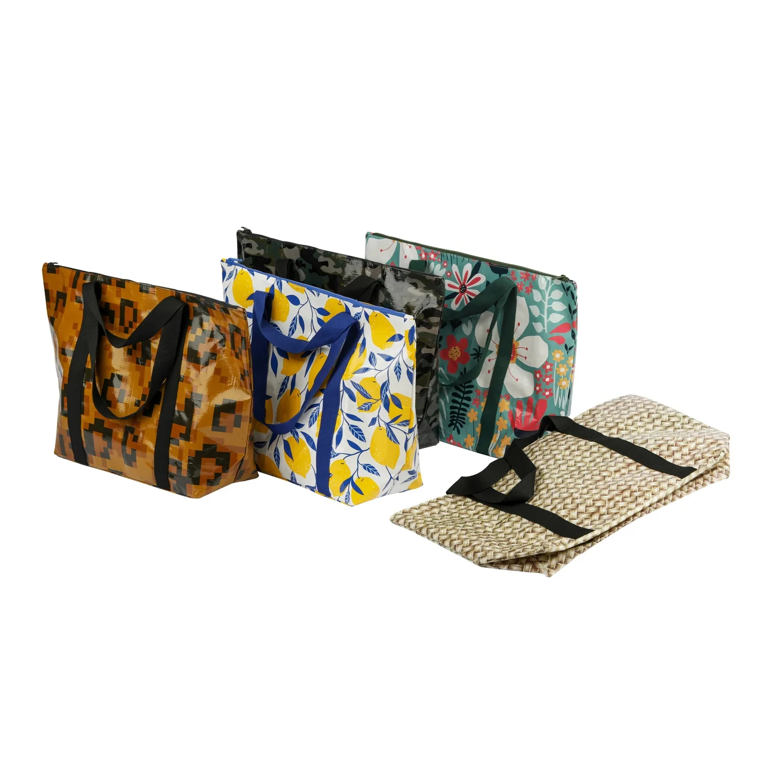 Waterproof Recycled Double Handle Shopping Bags with Laminated PP Woven Zipper Tote Promotional Pattern Letter Design