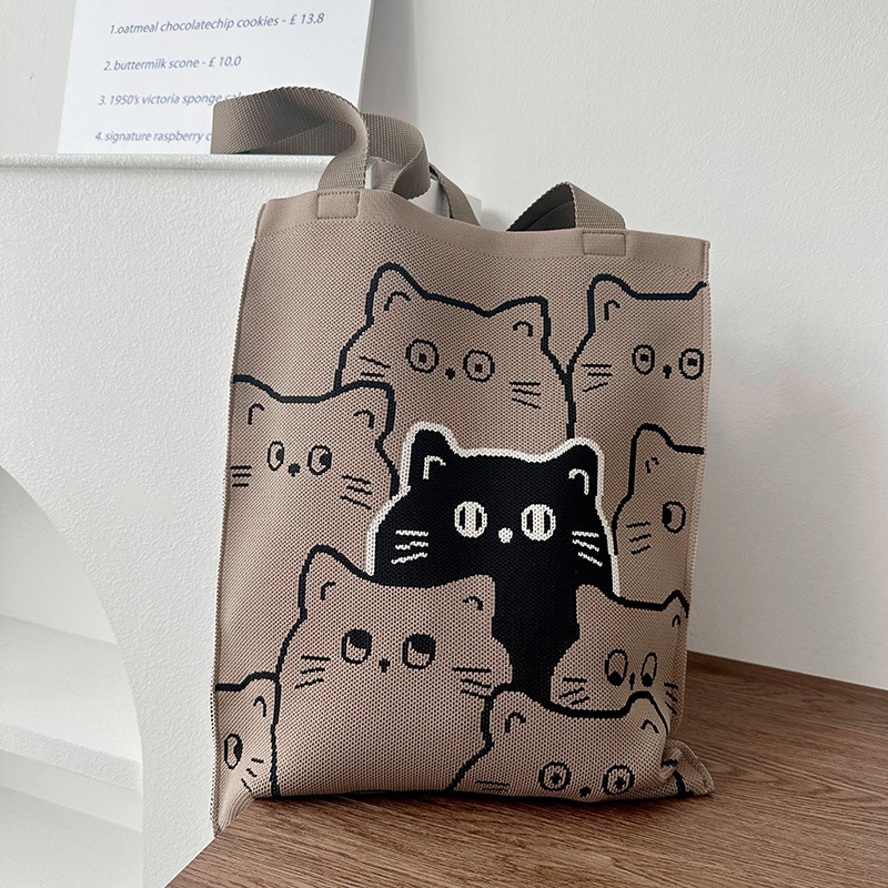 Washable Soft Durable Casual Chic Tote Bag Fly Knitting Tote Small Size Open Closure Polyester Knitted Fabric Bag