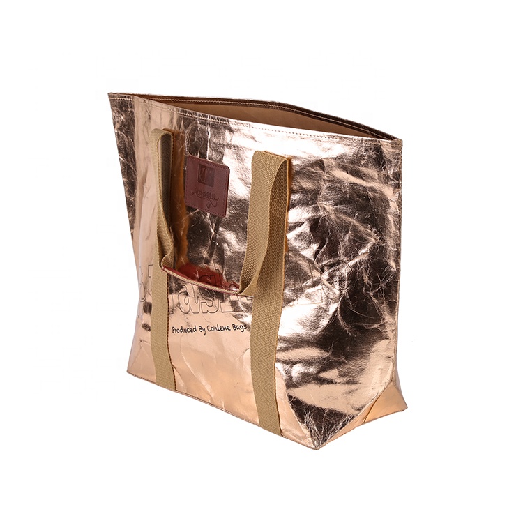 Wholesale Custom Bright Metallic Color Washable Kraft Paper Tote Shopping Bags manufacture