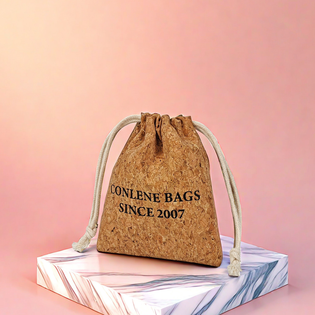 Small Custom Logo Cork Drawstring Gift Bag Promotional Purses and Wallets with Letter Pattern