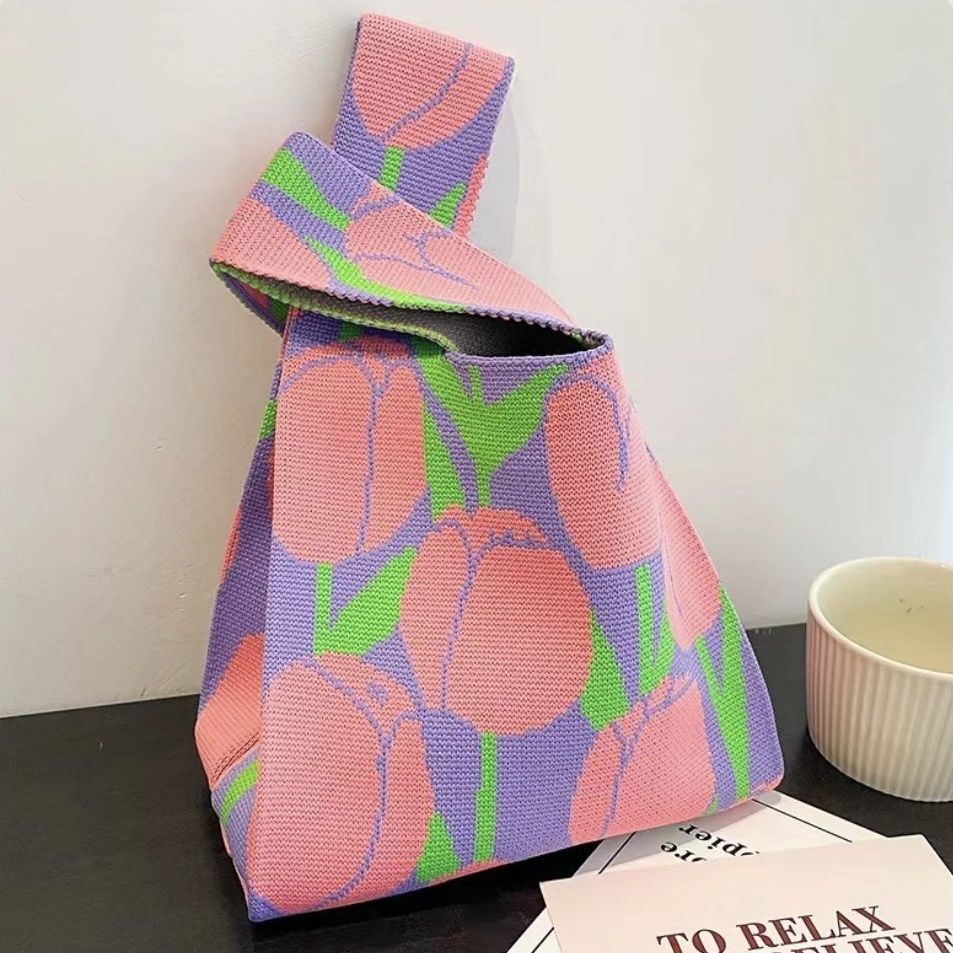 product small folding style multi use shopping tote bag custom cartoon patterns knitted fabric bag-9