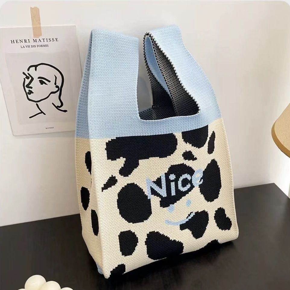 product small folding style multi use shopping tote bag custom cartoon patterns knitted fabric bag-3