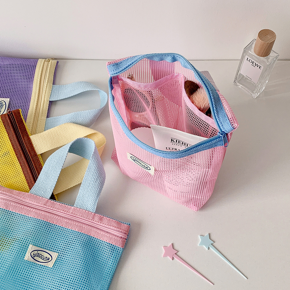 Women's Color Customized Summer Mesh Small Portable Foldable Polyester Bag Toiletry Tote Beach Bag details