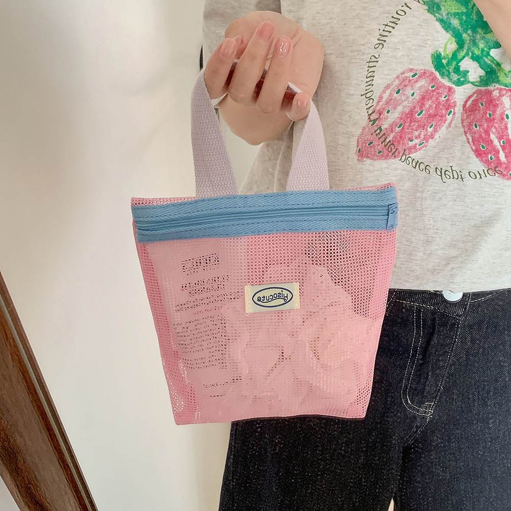 Women's Color Customized Summer Mesh Small Portable Foldable Polyester Bag Toiletry Tote Beach Bag details