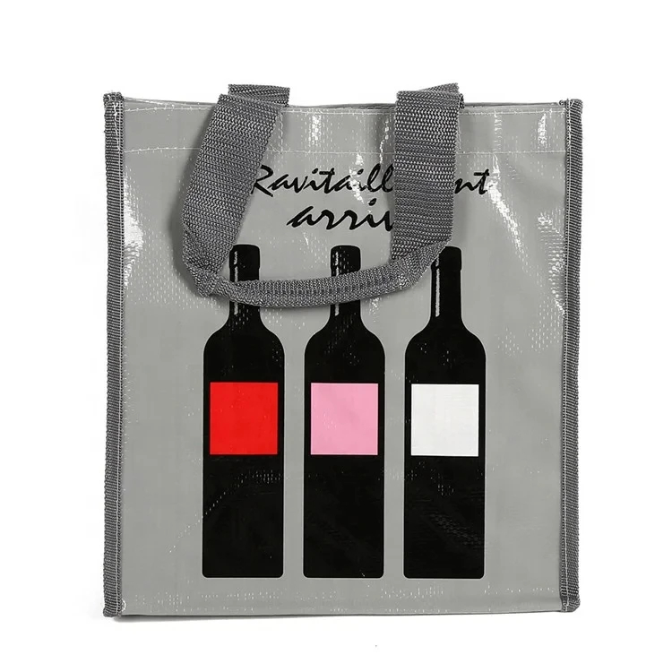 Unique Design Custom Bopp Laminated Custom Logo Printing Wine Tote Bag PP Woven Bag With Compartment