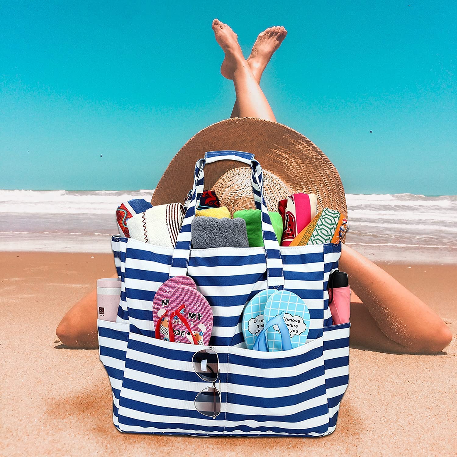 Washable Multi Pockets Beach Bags Personalized Women Waterproof Zipper Beach Tote Bag for Gym Sport Shopping Travel