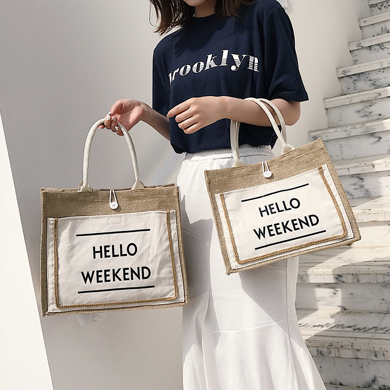 Customized Front Pocket Canvas Natural Jute Tote Bags with Handles Laminated Interior Burlap Tote