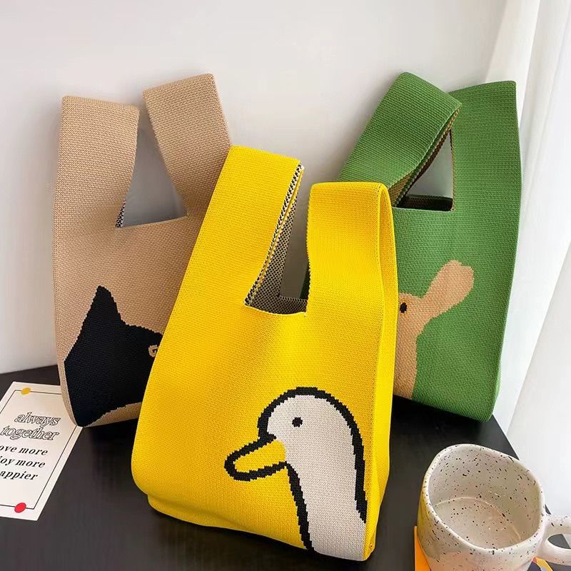 Small Folding Style Multi-Use Shopping Tote Bag Custom Cartoon Patterns Knitted Fabric Bag
