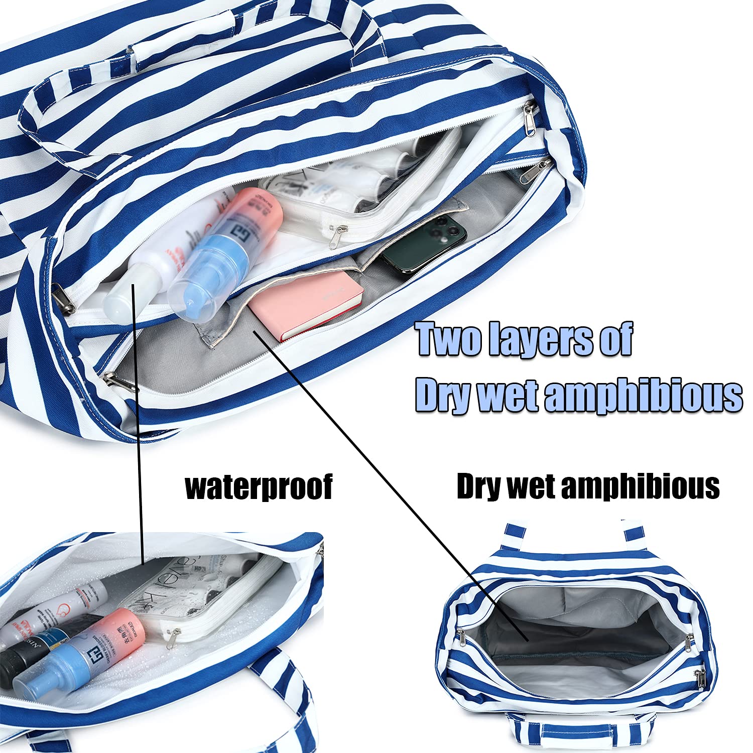 Washable Multi Pockets Beach Bags Personalized Women Waterproof Zipper Beach Tote Bag for Gym Sport Shopping Travel details