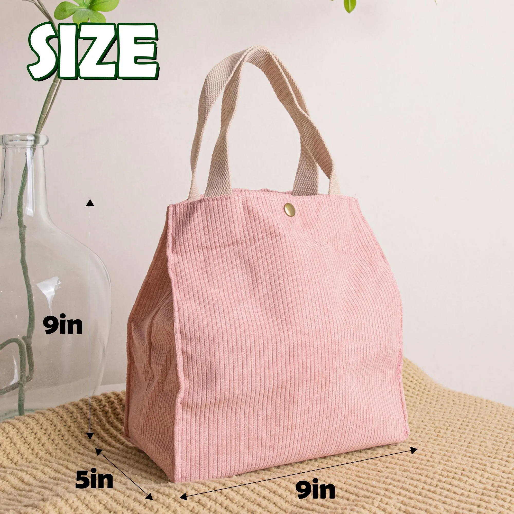 Reusable Custom Logo Insulated Corduroy Lunch Bag with Buttons and Interior Pockets