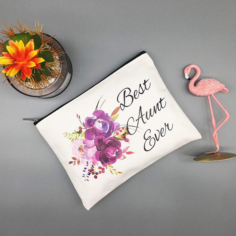 Custom Printed Logo Gift White Cotton Canvas Cosmetic Makeup Bag With Zipper