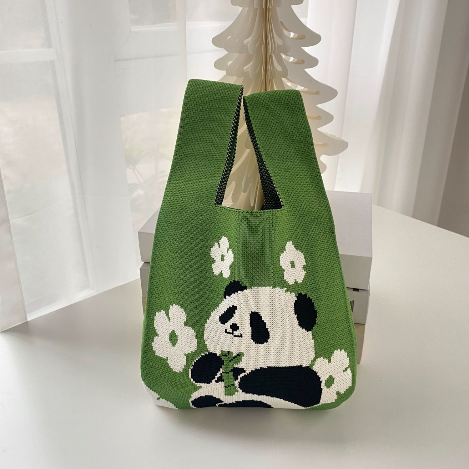 product small folding style multi use shopping tote bag custom cartoon patterns knitted fabric bag-4