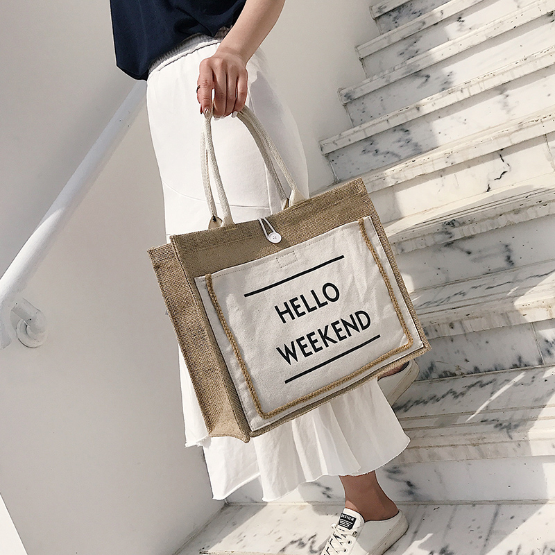 Customized Front Pocket Canvas Natural Jute Tote Bags with Handles Laminated Interior Burlap Tote