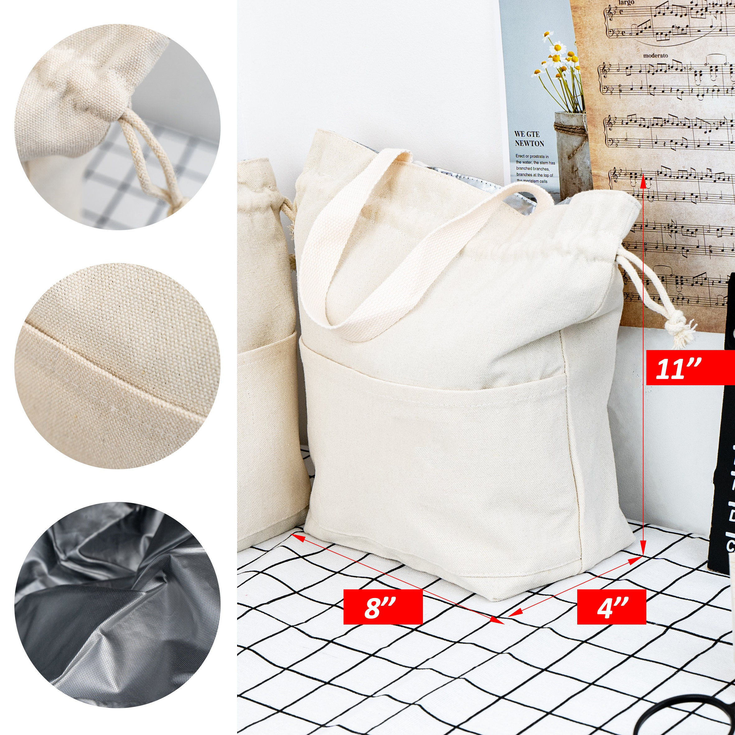 Custom Logo Drawstring Lunch Insulated Cooler Bag Cotton Cooler Tote Bag