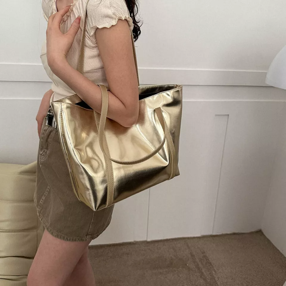 Large Capacity Vintage Fashion PU Leather Shoulder Tote Bags for Women Solid Color Zipper Metal Texture for Shopping