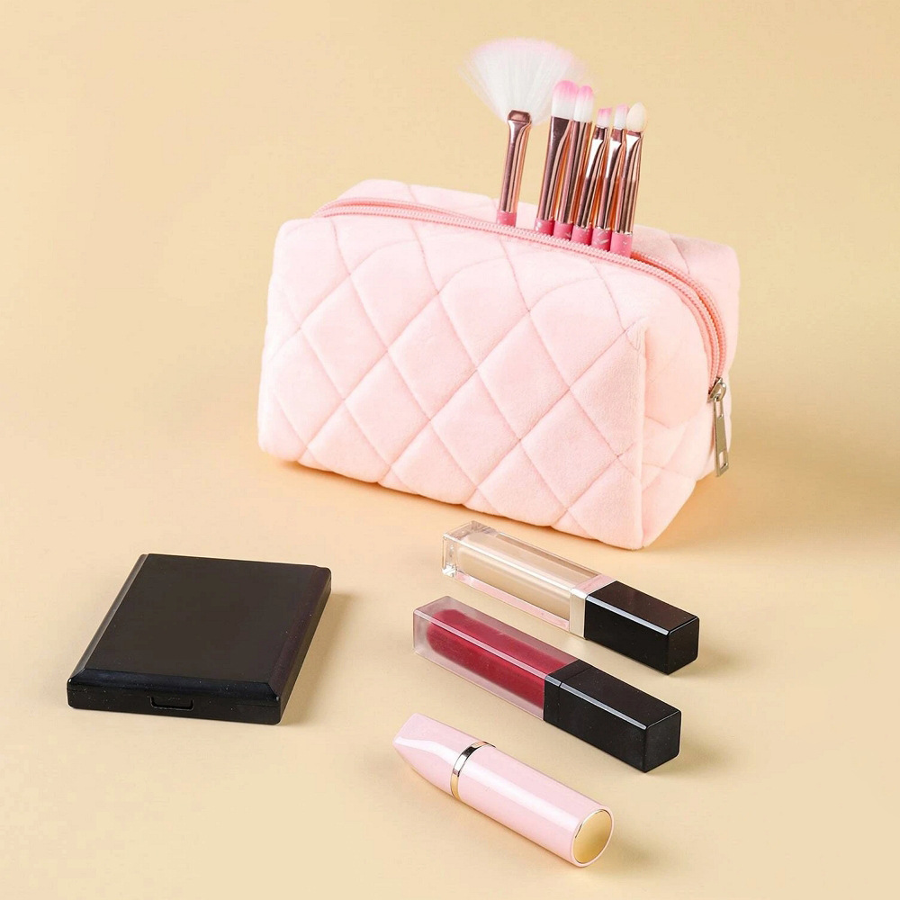 Women Zipper Soft Cotton Large Quilted Cosmetic Bag Pink Solid Color Cosmetic Bag Travel Make up Toiletry Bag