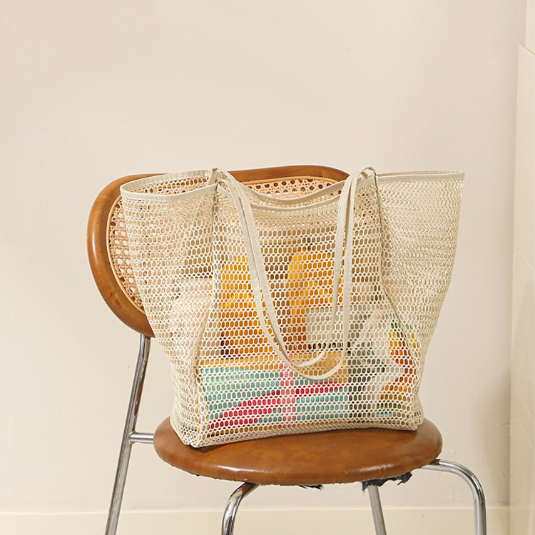 New Wholesale Plastic Polyester Beach Mesh Tote Bags Solid Color Women's One Shoulder Mesh Beach Bags