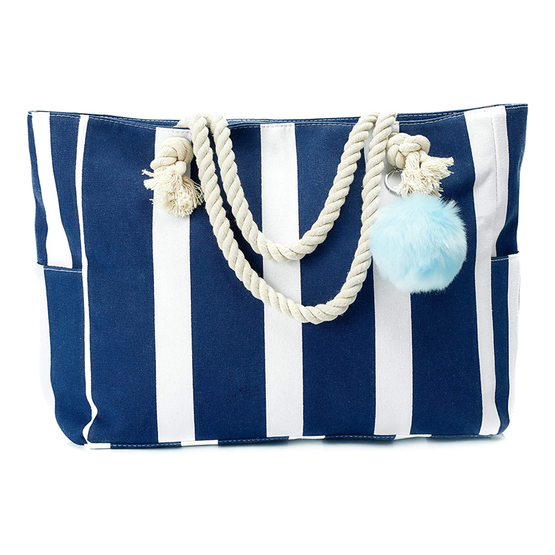 Summer Women's Custom Pocket Stripe Large Canvas Handbags Beach Bag Custom Canvas Tote