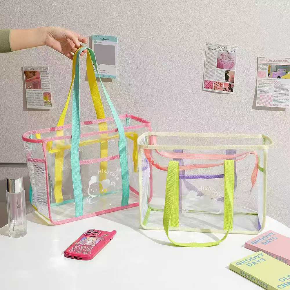 Lightweight Reusable PVC Mesh Side Transparent Makeup Wash Tote Bag Clear Travel Packaging for Beach Picnic Park