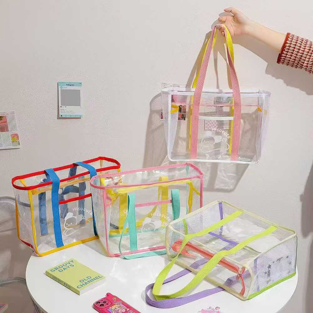 Lightweight Reusable PVC Mesh Side Transparent Makeup Wash Tote Bag Clear Travel Packaging for Beach Picnic Park