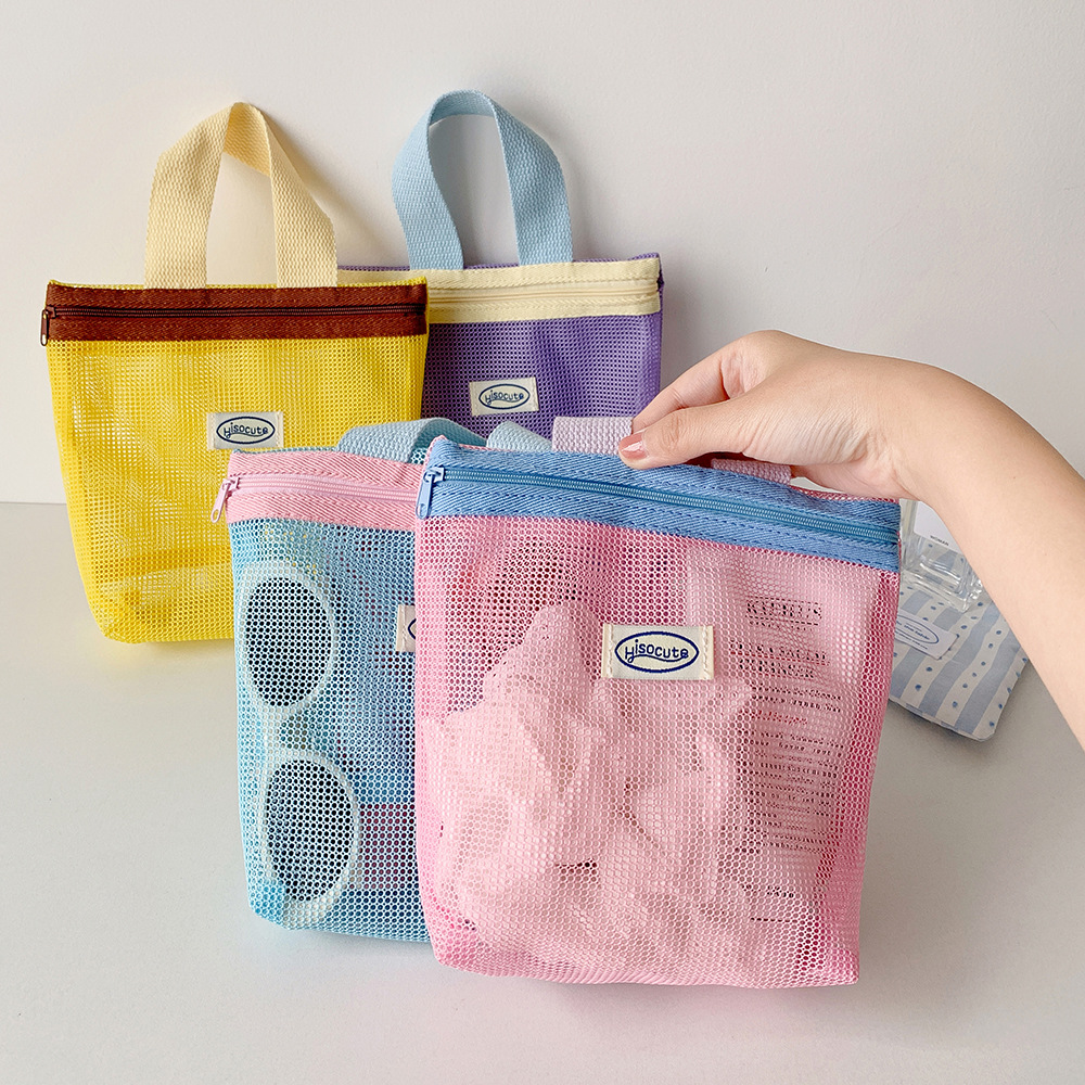 Women's Color Customized Summer Mesh Small Portable Foldable Polyester Bag Toiletry Tote Beach Bag