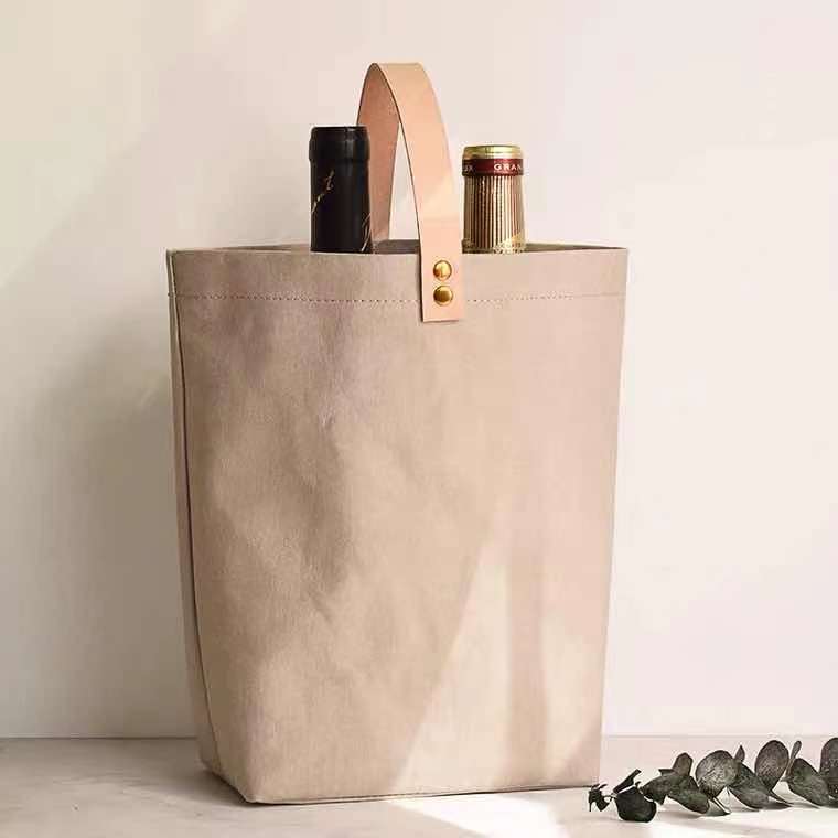 Custom Logo Washable Kraft Paper Eco-friendly Gift Bag Kraft Paper Bottle Wine Bag supplier