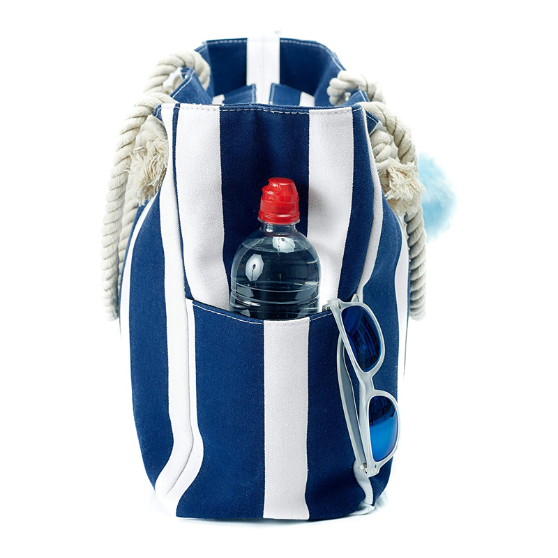 Summer Women's Custom Pocket Stripe Large Canvas Handbags Beach Bag Custom Canvas Tote manufacture