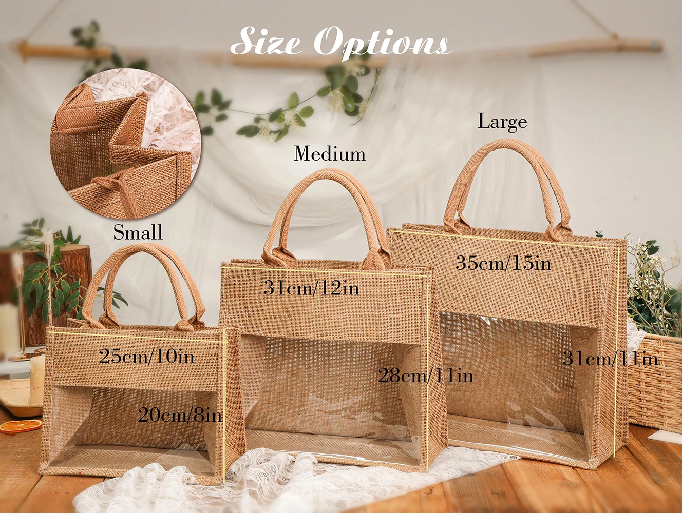 Wholesale Custom Printed Logo Portable Wedding Gift Tote Bags Hessian Linen Jute with Cotton Rope Handle and Transparent Window