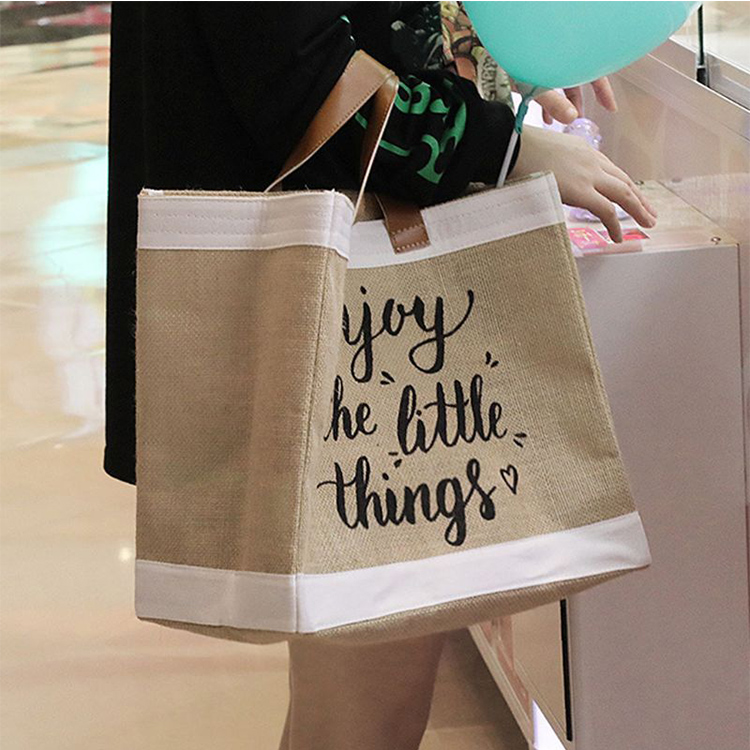 Wholesale Cheap Reusable Custom Logo Printed Grocery Shopping Tote Jute Bag with Leather Handle Large Hemp Burlap details