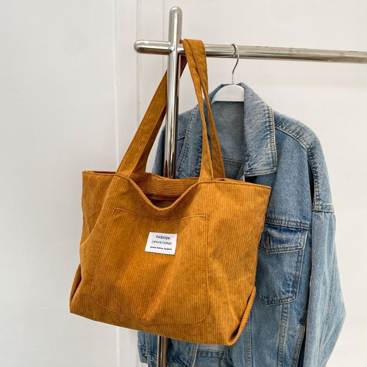 Eco Friendly Reusable Girls Small Large Shopper Corduroy Totes Shoulder Bags With Custom Printed Logo