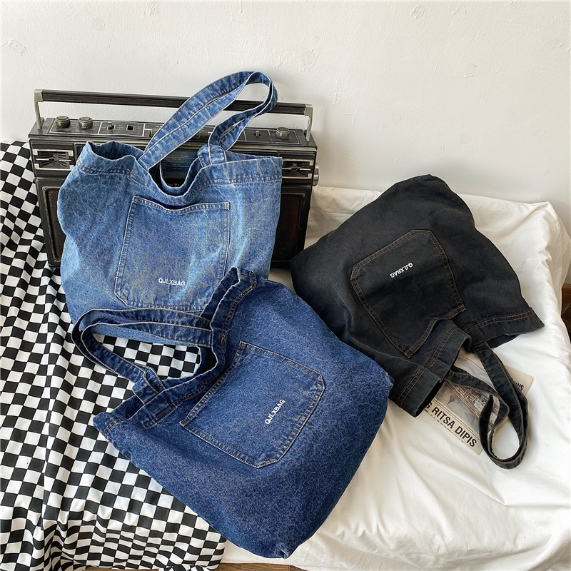 Wholesale Ladies Casual Large Denim Shopping Tote Bags Custom Women Denim Shopper Bags supplier