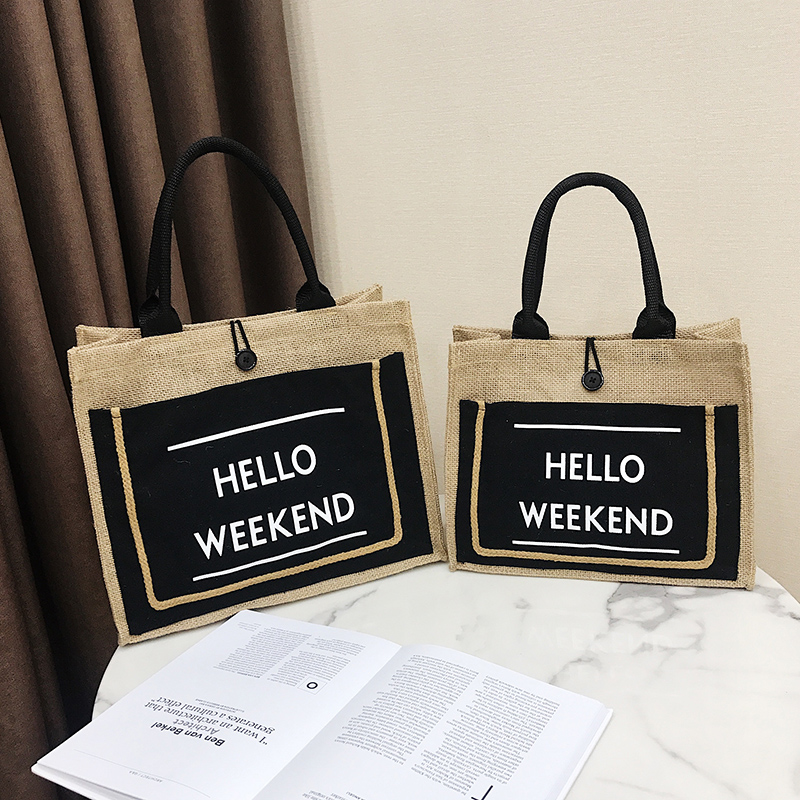 Customized Front Pocket Canvas Natural Jute Tote Bags with Handles Laminated Interior Burlap Tote