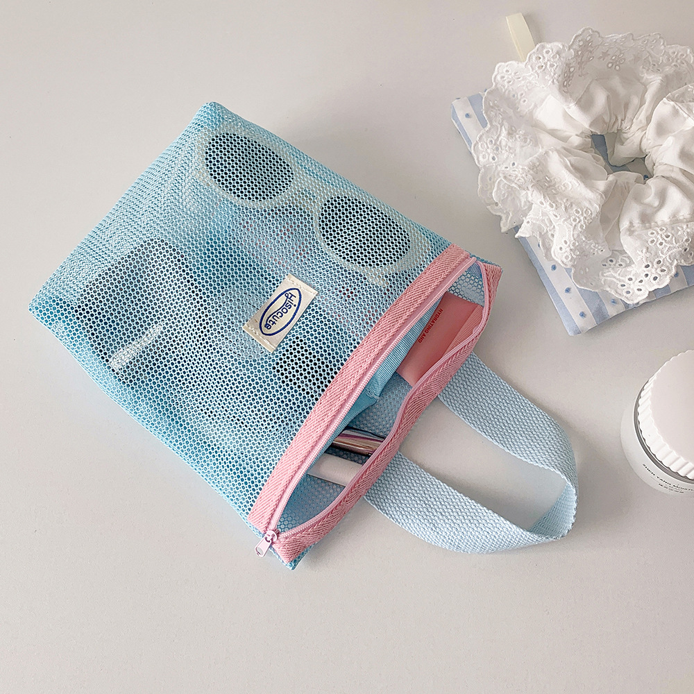 Women's Color Customized Summer Mesh Small Portable Foldable Polyester Bag Toiletry Tote Beach Bag details