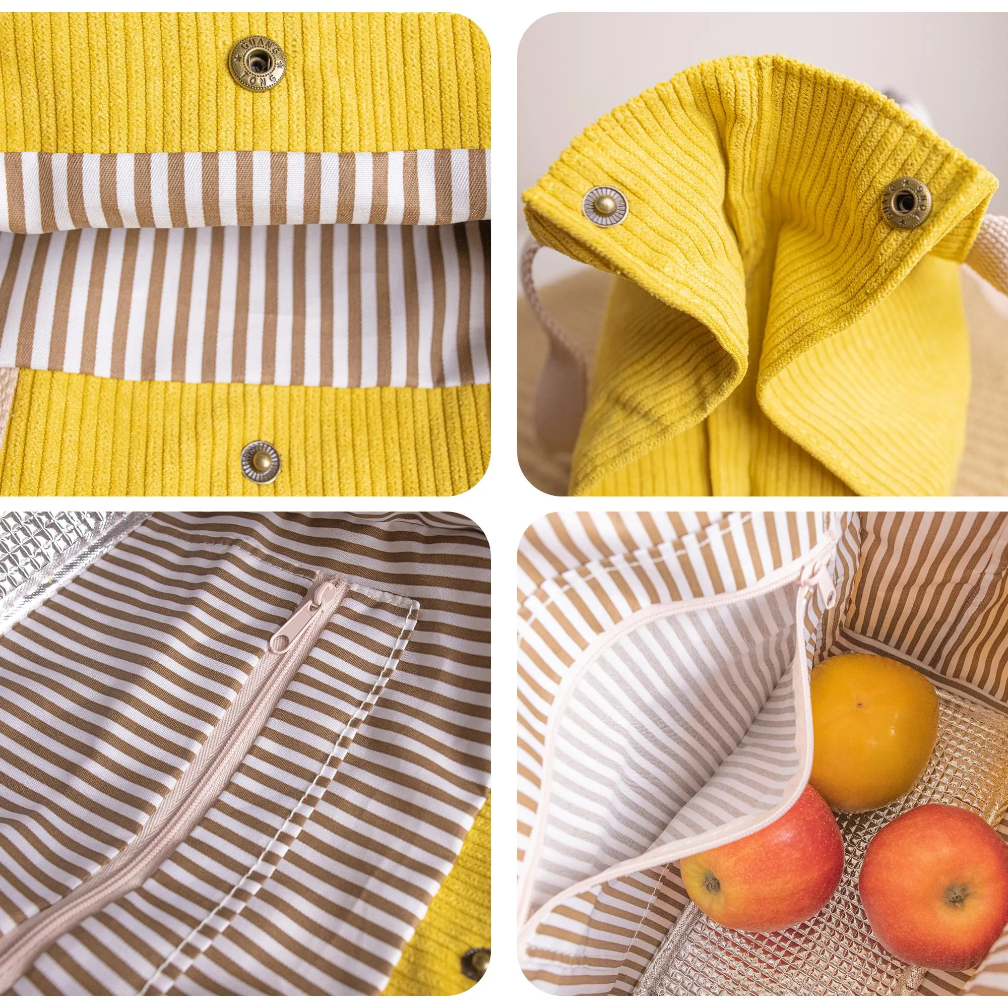 Reusable Custom Logo Insulated Corduroy Lunch Bag with Buttons and Interior Pockets