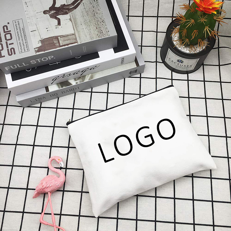 Custom Printed Logo Gift White Cotton Canvas Cosmetic Makeup Bag With Zipper factory