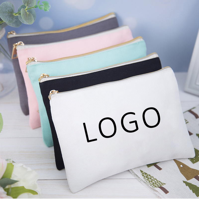 Small Eco Friendly Custom Cotton Blank Zipper Pouch Make up Bags Plain Cotton Canvas Makeup Cosmetic Bag With Logo