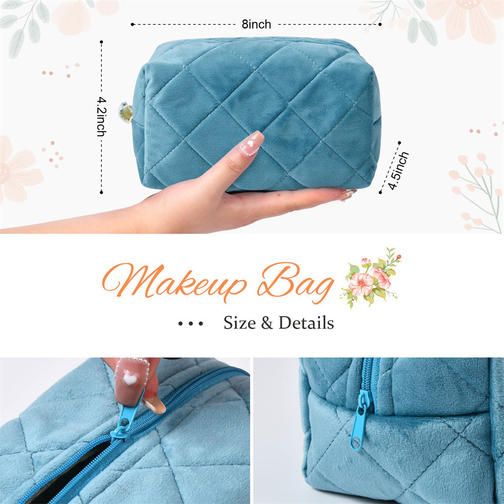 Women Zipper Soft Cotton Large Quilted Cosmetic Bag Pink Solid Color Cosmetic Bag Travel Make up Toiletry Bag manufacture