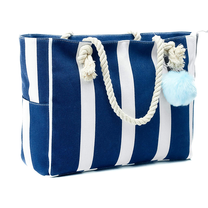Summer Women's Custom Pocket Stripe Large Canvas Handbags Beach Bag Custom Canvas Tote