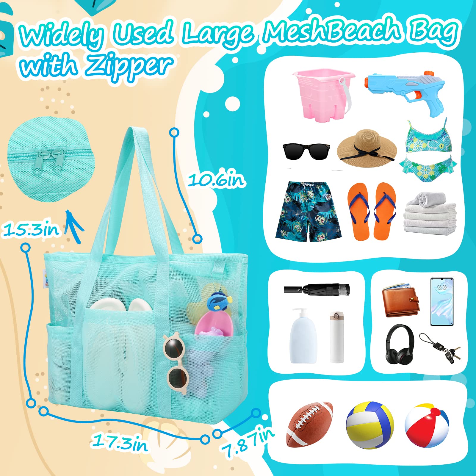 Women's Large Capacity Foldable Summer Travel Shoulder Handbag Zipper Pocket Beach Tote Bag for Shopping Mesh Design