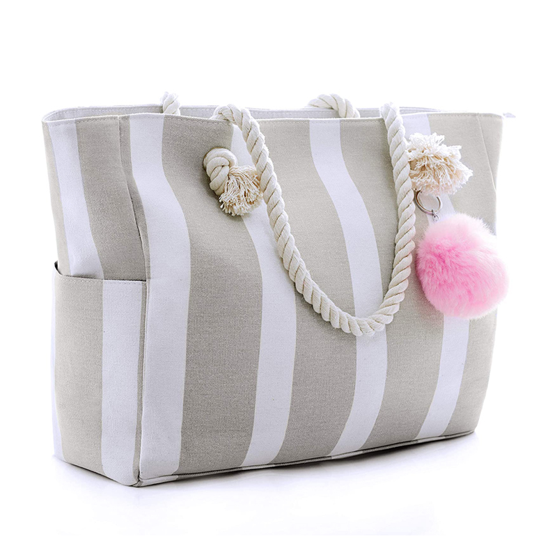 Summer Women's Custom Pocket Stripe Large Canvas Handbags Beach Bag Custom Canvas Tote supplier