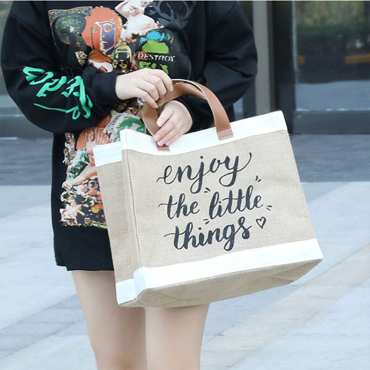 Wholesale Cheap Reusable Custom Logo Printed Grocery Shopping Tote Jute Bag with Leather Handle Large Hemp Burlap